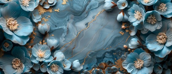 A serene pale blue marble canvas with gold streaks, adorned with blue hydrangea flowers and matching silk swaths. 