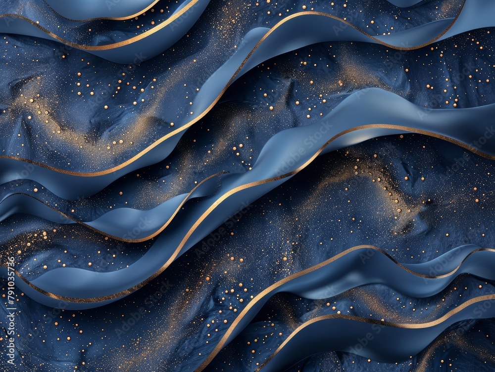Poster a blue and gold fabric with a wave pattern. the fabric is covered in gold glitter, giving it a luxur