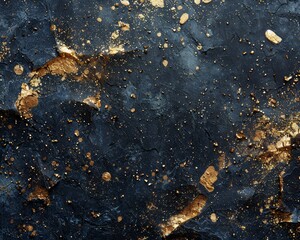 A wall with gold and blue paint and gold specks. The wall is made of stone and has a blue and gold...