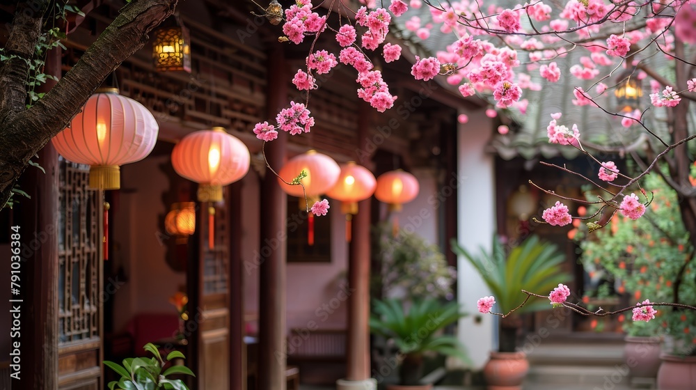 Aufkleber a courtyard with a pink tree and lanterns hanging from the ceiling