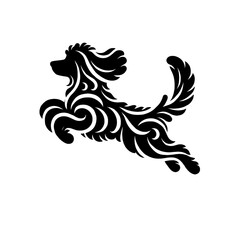 Artistic Swirl-Patterned Dog in Motion, Black Vector Silhouette for Decorative Animal Artwork and Creative Project Inspiration
