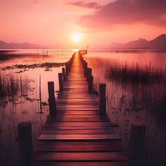 A wooden pier with a sunset in the background