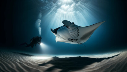 A manta ray gliding over a sandy sea floor with a diver's light illuminating it from below.