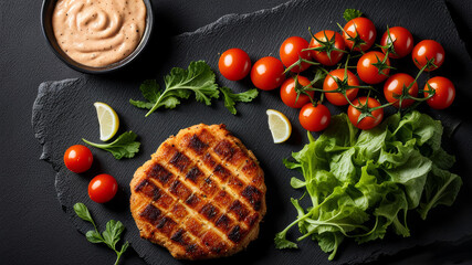Chicken cutlet with hot mayonnaise sauce, herbs and red cherry tomatoes. - obrazy, fototapety, plakaty