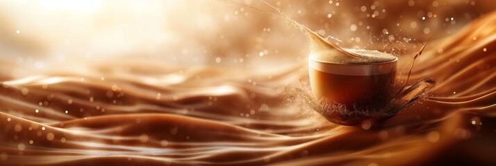 Dynamic coffee splash from a cup on a backdrop of creamy waves, capturing the essence of coffee in motion - obrazy, fototapety, plakaty