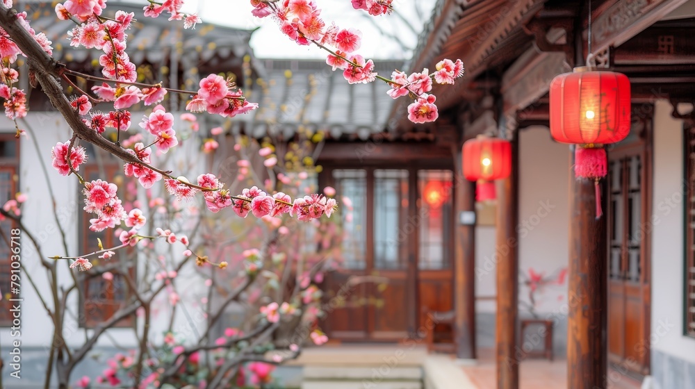 Poster A beautiful pink tree with red lanterns hanging from it. The lanterns are lit up, creating a warm and inviting atmosphere. The scene takes place in a courtyard or garden