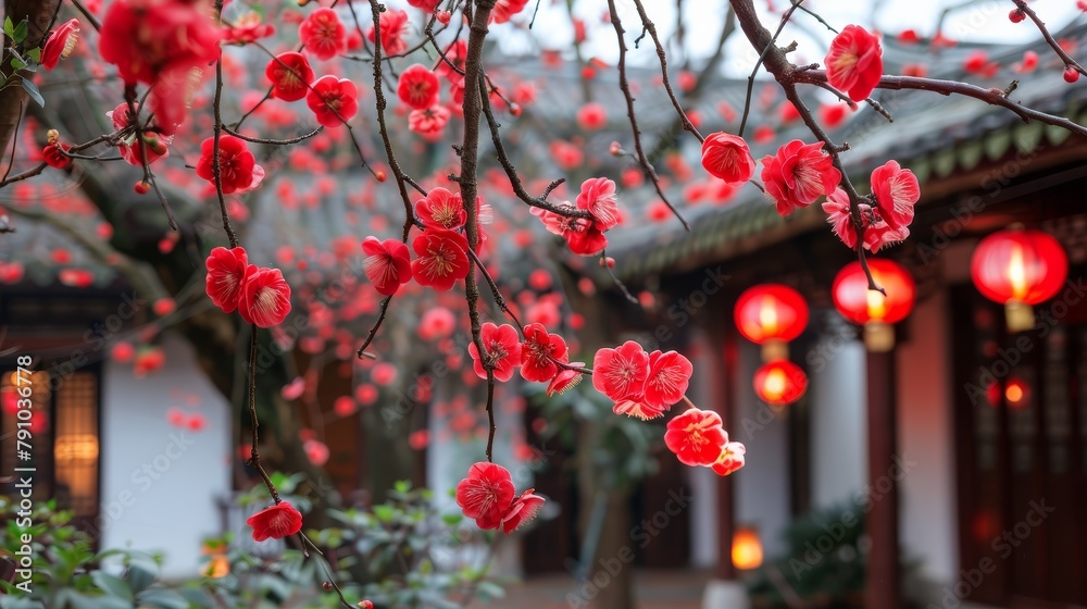 Poster a tree with red flowers is in front of a building. the flowers are in full bloom and the tree is cov