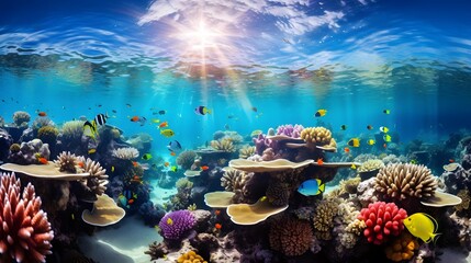 Underwater panorama of coral reef and tropical fish. Underwater world.
