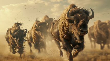 A herd of bison run across vast plains - obrazy, fototapety, plakaty