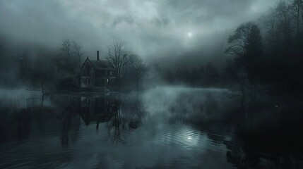 Nestled amidst towering trees, lay a tranquil lake shrouded in an eerie silence. Legends whispered of a restless spirit that roamed its misty shores, haunting the souls of those who dared to trespass. - obrazy, fototapety, plakaty