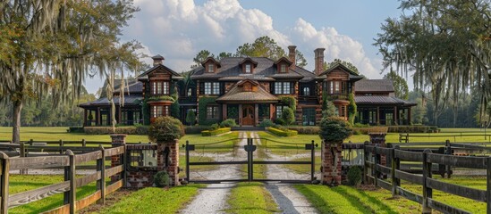 Obraz premium Equestrian estate with horse stables, riding trails, and a riding arena. 