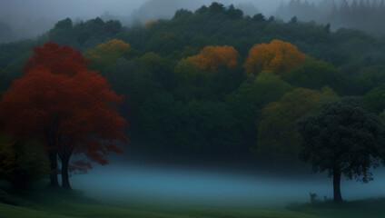 Foggy autumn landscape with trees and foggy