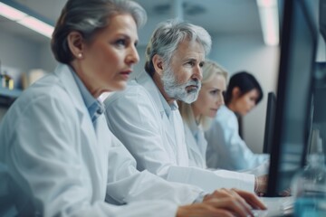 Group of scientists doing research conducting experiments doctors researching performing tests university students medical laboratory scientific treatment biotechnology discovery genetics chemistry