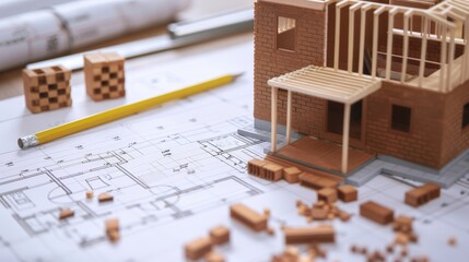 Architectural Model Home Construction on Blueprints with Bricks and Pencils