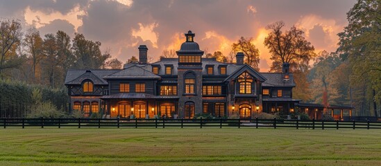 Equestrian estate with horse stables, riding trails, and a riding arena. 