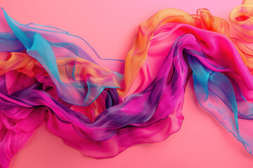 colorful silk scarves in motion on a bright pink background with a dynamic flow - obrazy, fototapety, plakaty