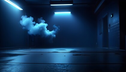 A dark empty street, dark blue background, an empty dark scene, neon light, spotlights The asphalt floor and studio room with smoke float up the interior texture. night view.