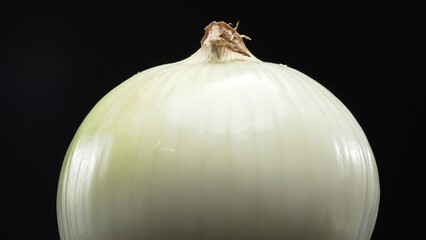 A close-up of a fresh peeled onion, sliced paper-thin, placed with black background. White and...