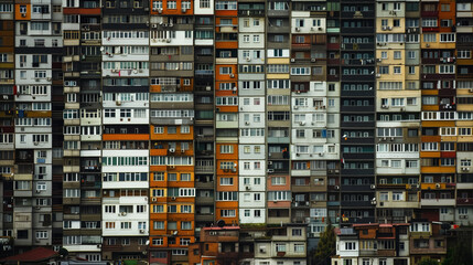 Dense urban apartment buildings, various colored facades