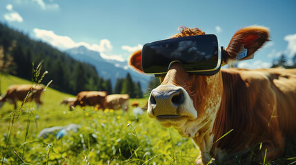 Obraz premium Immersed in Nature: Cow with VR Gear. Generative AI