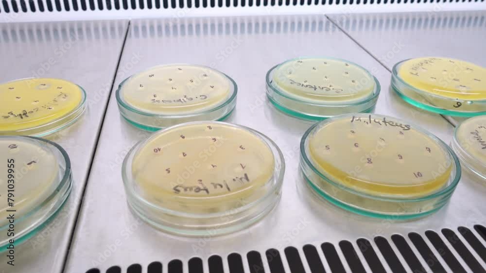 Poster Petri dishes with different bacteria and antibiotic test in the laboratory.