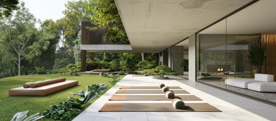 Yoga mats on patio of modern house with plantfilled landscape