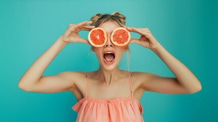 Screaming young woman holding grapefruit slices on her eyes. Summertime colorful background.