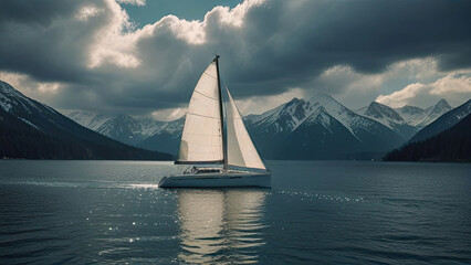 A yacht with a sail sails against the background of a cloudy mountain landscape