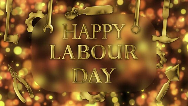 celebrating international labour day on first may animation with greetings and swinging labour tools on bright bukeh background.