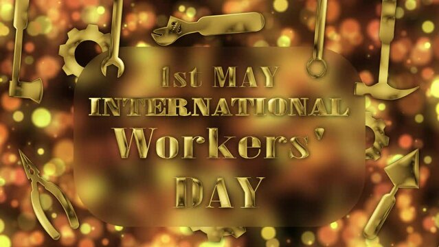 beautiful international labour day greetings animation with golden texture and bright bukeh background with swinging labour tools.