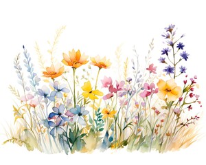 Bank  River bank teeming with colorful wildflowers  watercolor clipart