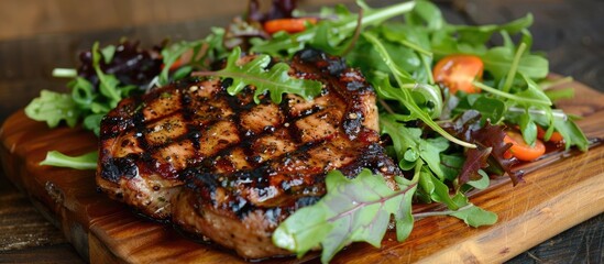 Succulent grilled pork chop (neck cut) served with leafy greens.