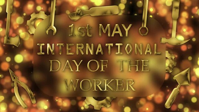 first may international day of the workers greetings for world labour day. swinging labour tools on bukeh background.