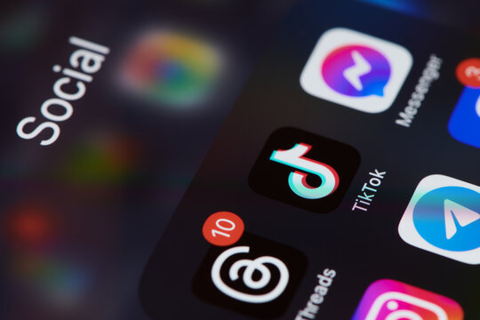 TikTok app icon on smartphone screen with other social media apps. Short video blogging. Shallow DOF, Moscow, Russia