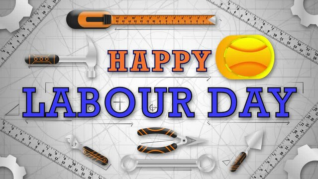happy labour day greetings with workers tool and safety halmet on engineering background. concept for first may celebration.
