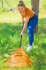 Person raking green lawn