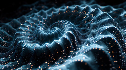 A digital 3D wavy mesh landscape with glowing particles.