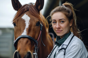 Female veterinarian with a horse showcasing care and companionship.