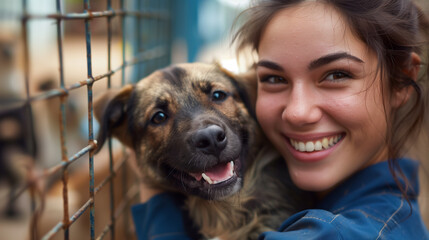 Joyful female volunteer cuddling a dog at an animal shelter.