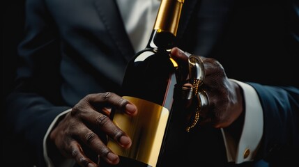 Elegant sommelier presenting a bottle of fine wine with a blank label, showcasing professionalism and luxury - AI generated - obrazy, fototapety, plakaty