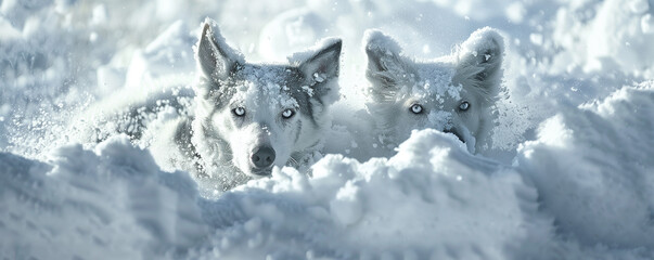 Two wolves peering through a snowy landscape.