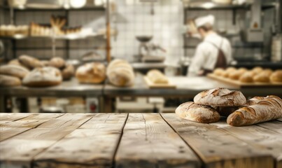 Bustling artisan bakery kitchen with focus on foreground wooden countertop, blurred baker at work in background amidst warm, rustic atmosphere - AI generated