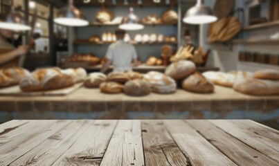 Obraz na płótnie Canvas Bustling artisan bakery kitchen with focus on foreground wooden countertop, blurred baker at work in background amidst warm, rustic atmosphere - AI generated