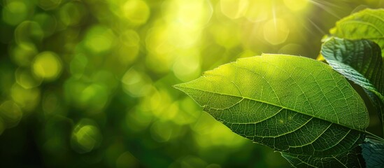 A green leaf is pictured against a blurred green backdrop, showcasing its beautiful texture under sunlight. The background features a natural landscape of green plants, emphasizing ecology. - obrazy, fototapety, plakaty