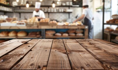 Bustling artisan bakery kitchen with focus on foreground wooden countertop, blurred baker at work in background amidst warm, rustic atmosphere - AI generated