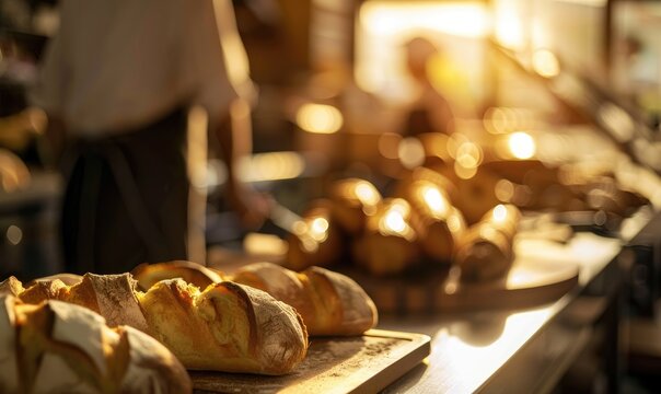 Bustling artisan bakery kitchen with focus on foreground wooden countertop, blurred baker at work in background amidst warm, rustic atmosphere - AI generated