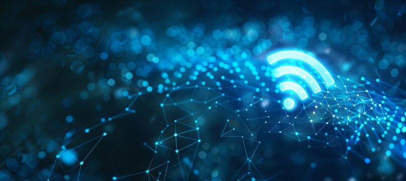 Pulsating wi fi symbol surrounded by abstract digital connectivity patterns on blue background