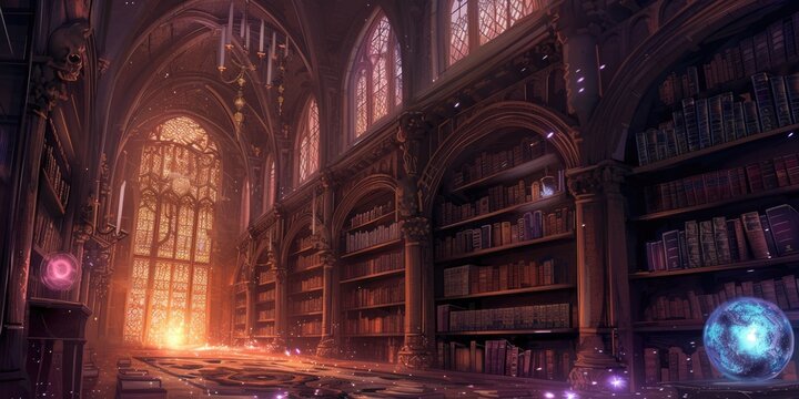 An ancient library filled with magical books, glowing orbs, and mystical artifacts. Shelves reach up to a high, vaulted ceiling, with soft light filtering through stained glass windows. Resplendent.