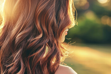A woman with long brown hair, styled in soft waves and curls. The image shows her hair shining in the sunlight - Powered by Adobe