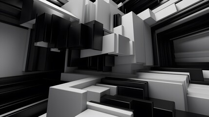 3d rendering of white and black abstract geometric background. Scene for advertising, technology, showcase, banner, game, sport, cosmetic, business, metaverse. Sci-Fi Illustration. Product display